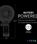5 Inch Battery Powered Clip On Fan With Clamp 2 Pack, Portable Hands Free Cooling, fan dimensions and battery info