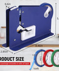 No Sweat Heavy Duty Bag Sealer With Razor Edge Trimmer And Six Pack Assorted Color Rolls dimensions with blue dispenser and three colored tape rolls.