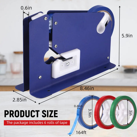 No Sweat Heavy Duty Bag Sealer With Razor Edge Trimmer And Six Pack Assorted Color Rolls dimensions with blue dispenser and three colored tape rolls.