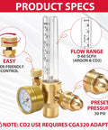 Argon Regulator Flow Meter With Welding Hose For MIG TIG Welding, CGA-580 Inlet, Smooth Flow, Works With Argon CO2 Helium And More Gas Cylinders, Easy Hookups And Multi-Size Connection Options, brass flow meter with 0-60 SCFH gauge
