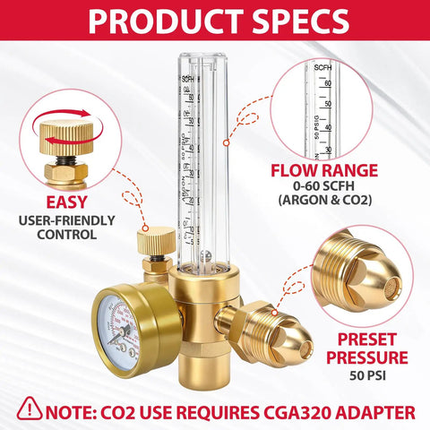 Argon Regulator Flow Meter With Welding Hose For MIG TIG Welding, CGA-580 Inlet, Smooth Flow, Works With Argon CO2 Helium And More Gas Cylinders, Easy Hookups And Multi-Size Connection Options, brass flow meter with 0-60 SCFH gauge