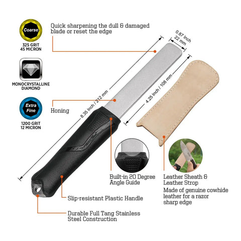 Workhorse Dual Grit Diamond Sharpening Stone With Leather Strop for quick edge setting of lawn tools, size and material labeled