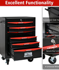 Heavy Duty 20 Inch Rolling Metal Toolbox Cabinet With Six-Drawer Ball Bearing Slides, Steel Tool Storage Organizer In Black And Red For Workshop And Garage, front view showing drawers and wheels.
