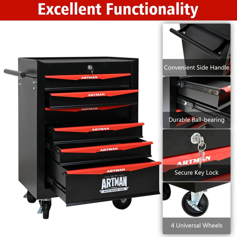 Heavy Duty 20 Inch Rolling Metal Toolbox Cabinet With Six-Drawer Ball Bearing Slides, Steel Tool Storage Organizer In Black And Red For Workshop And Garage, front view showing drawers and wheels.