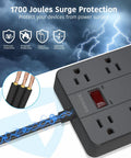 Image of Ten Foot Extension Cord Power Strip With Eight Widely Spaced Outlets And Six USB Ports Including One USB C Flat Plug