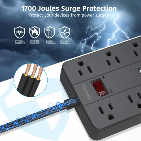 Image of Ten Foot Extension Cord Power Strip With Eight Widely Spaced Outlets And Six USB Ports Including One USB C Flat Plug