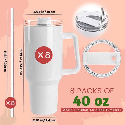8 Pack 40 Oz Sublimation Tumbler With Handle Blank Insulated Large Travel Cup Stainless Steel For DIY Craft Heat Press Print