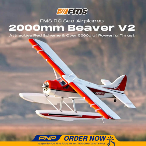 Red Beaver V2 Seaplane RC Plane With 2000mm Wingspan flying outdoors, white wings, showcasing flaps and cockpit details.