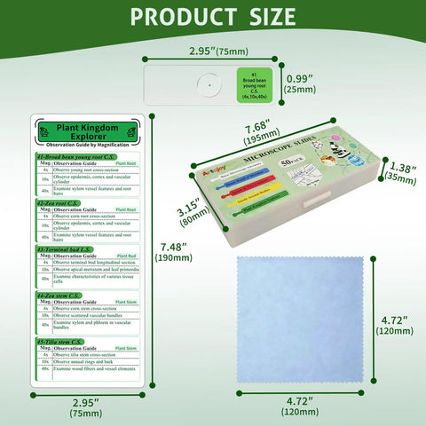 Must Have 50 Prepared Microscope Slides Kit With Diverse Plant, Animal, And Microorganism Specimens For Biology STEM Learning, Includes 5 Instruction Cards And 2 Cleaning Cloths. 50-slide plastic box, 75mm x 25mm, with guide cards and cloth