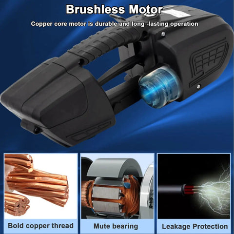 Game Changer Handheld Electric Strapping Machine With A Quick Charge 4000mAh Battery, showcasing brushless motor and copper core.