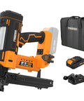 Hardcore 20V Cordless Fencing Stapler Kit Bundled With 16 Gauge 1 Inch Staples And Rock Solid 2AH Battery Plus Fast Charger And Roomy Tool Bag For Roughneck Builders, showing cordless stapler, battery, and charger.