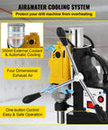 Beast 1100W Magnetic Drill Press With 1.57 Inch Core Bore 2810 Lbs Magnetic Force showing air and water cooling system features.