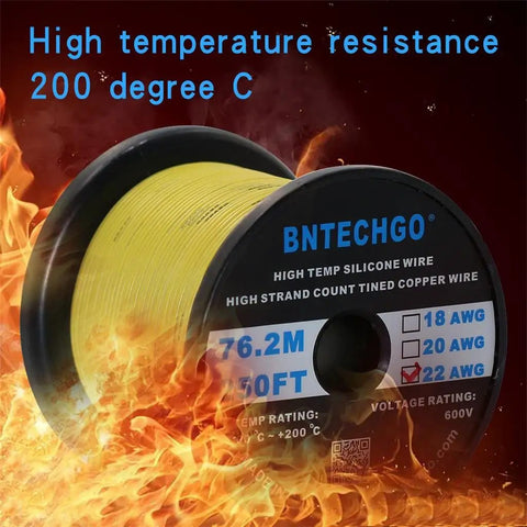 22 Gauge Silicone Wire Spool 250 Ft Yellow Flexible Stranded Tinned Copper, Ultra Soft Lead Wire, flame background.