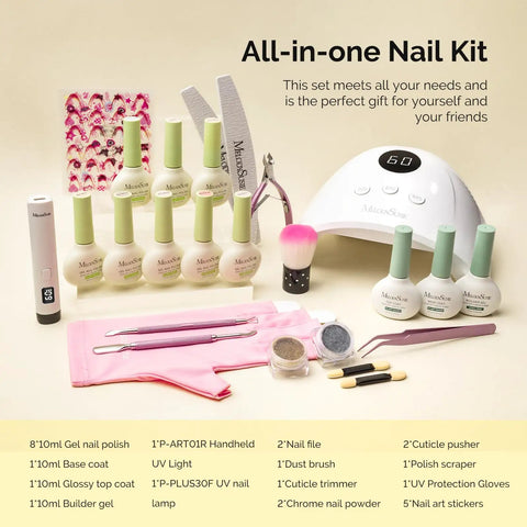Gel Nail Polish Kit With P Plus 30F UV Light Lamp For Home DIY Mani, cordless dryer, P ART01R UV Light, bottles and tools