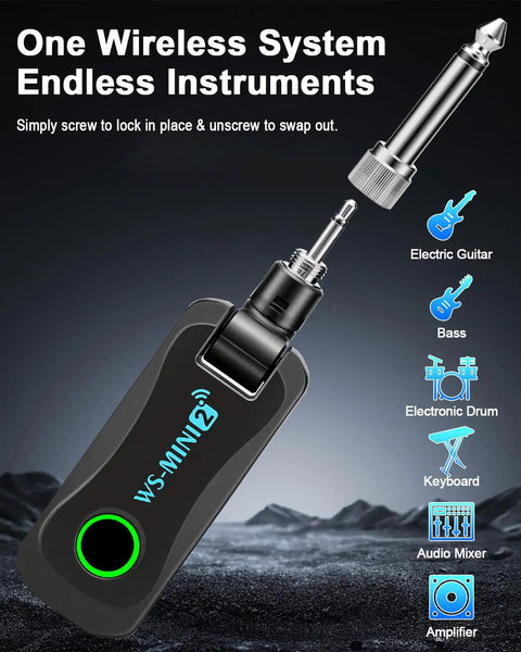 Wireless Guitar System With Charging Case For Electric Guitar And Bass 2.4GHz Low Latency Digital Transmitter And Receiver Set Plug And Play Up To 130 Feet Range Rotatable One Quarter Inch Jack WS MINI2 image showing device and compatible instruments.