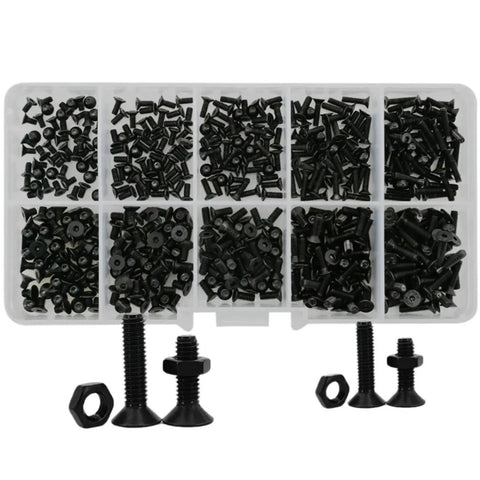 Hex Socket Screws Nuts Kit Flat Head Set In Black Carbon Steel, M2 Through M6, DIN7991 Threads, Grade 10.9, Countersunk Socket Cap Bolts And Nuts, 4mm To 30mm Lengths, Ultra Strong Hardware For DIY Projects, assorted in organizer
