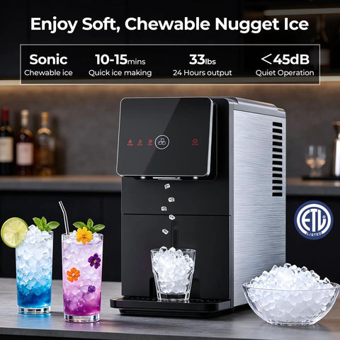 Countertop Nugget Ice Maker With High Output 33 Lbs Per Day Automatic Ice Dispenser Self Cleaning Portable Ice Machine