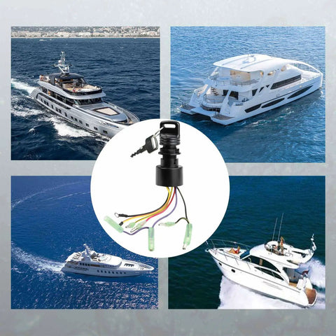 Boat Ignition Starter Switch With Keys Replacement 3 Position 6 Wire Plug And Play For Outboard Motors Control Box shown with yachts