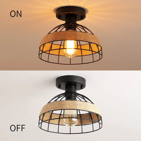 Two Pack Black Industrial Woven Dome Ceiling Light Fixtures With Rattan Shade For Porch Hallway Bedroom Kitchen Farmhouse Style Semi Flush Mount Lighting, Dope Modern Rustic Decor