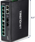 Front view of Workhorse Industrial Eight Port PoE Plus Gigabit DIN Rail Mountable Switch with two shared SFP ports and IP30 enclosure.