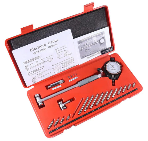 Dial Bore Gauge Set 1.4 To 6 Inch Range With Carbide Tipped Probes, Self Centering Heads, Bezel Lock For Zero, Chrome Handle, 0.0005 Inch Graduation, Durable Pro-Grade Hole Measurement Tool