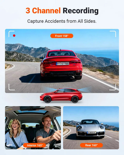 N4S 3 Channel Dash Cam With 2.7K Front, 1440P Interior And 1440P Rear Video showing three angles on the road