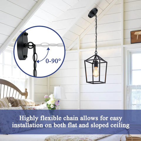 Totally Fresh 2 Pack Pendant Lights For Kitchen Island Featuring Modern Black Farmhouse Lantern Design With Hella Quick Setup and Dead Simple Style For Your Entryway Or Bedroom Space showing flexible chain installation on sloped ceiling.