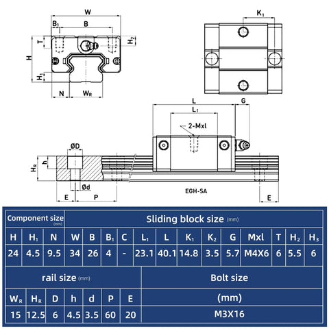 Technical diagram for X and Y Axis Linear Guide Rails Upgrade Kit with HG-15 rails and sliding blocks for XE-PRO CNC Router.