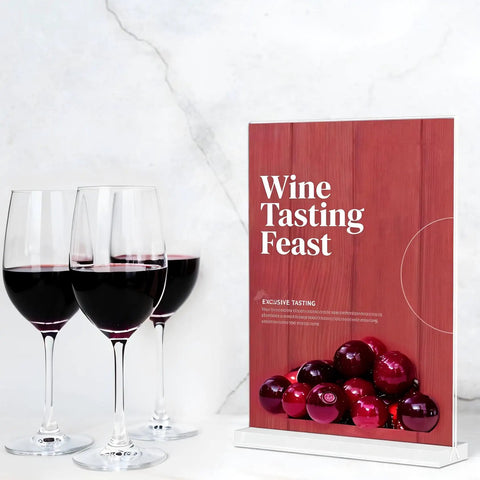 Clear Acrylic Sign Holder 4x6 Inches Three Pack T Shape Desktop Display Stand Double Sided Vertical Table Sign Holder For Restaurants Office Shop Wedding displaying a wine tasting event poster next to three red wine glasses.