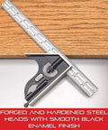 Six Inch Steel Combination Square with square head and 4R graduation showing pro grade right angles and depth gauge on wood surface