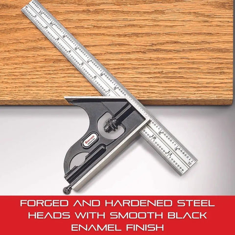 Six Inch Steel Combination Square with square head and 4R graduation showing pro grade right angles and depth gauge on wood surface