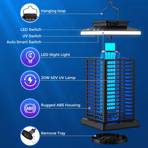 3 In 1 Outdoor Bug Zapper With 5000mAh Battery, LED Night Light, And 4000V Electric Fly Zapper For Patio, Garden, Backyard