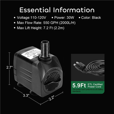 2-Pack 550GPH Submersible Pump 30W Ultra Quiet Fountain Water Pump details with dimensions and power cord