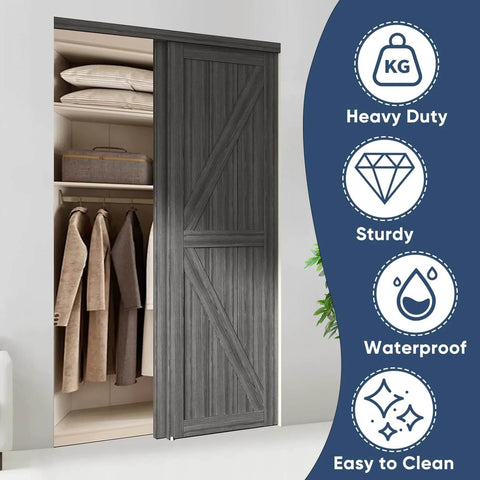 Double K Shape Sliding Closet Door 48 By 80 Inches With Hardware Kit And Matching Fascia, Solid Wood Slab, Gray installed view