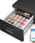 Dude Ready 12 Volt Pull Out Refrigerator 33 Quart App Controlled Portable Car Fridge Freezer with drinks organized inside