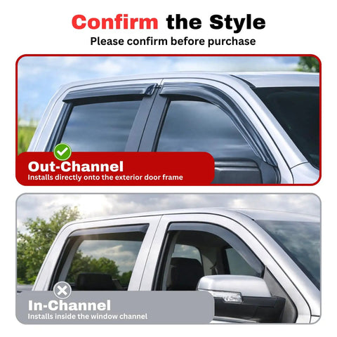 Comparison of Out-Channel and In-Channel installation for Outlander Rain Guards 2011-2020 Window Visors, highlighting installation style.