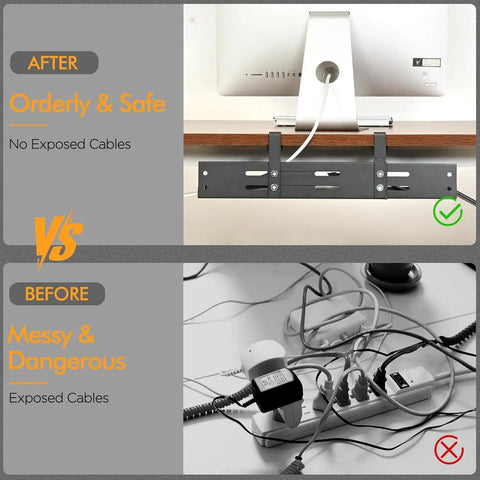 Comparison of under desk cable management tray with 17 to 30 inches retractable cord organizer vs messy exposed cables