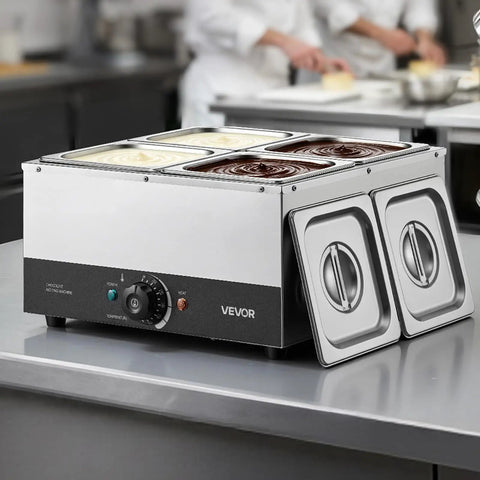 Heavy Duty Commercial Chocolate Melting Machine, Four Tank Water Bath Heater on a kitchen counter with stainless steel tanks.