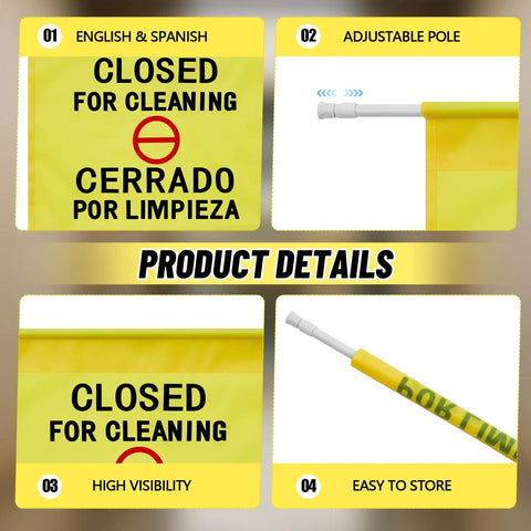 Two Pack Restroom Closed For Cleaning Signs English And Spanish Adjustable 30 To 53 Inch Yellow Hanging Doorway Safety Signs For Janitors Bathrooms Restaurants Hotels And Offices details including English and Spanish text, and adjustable pole.