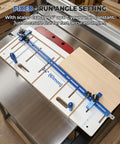 Top Tier Taper And Straight Line Jig For Table Saws With 37 Inch Miter Bar Steel Fence And Beefy Hold Down Clamps For Dead Straight Chair Leg Cuts Quick Ripping And Clean Edge Jointing Right On Your Workbench - blue and metal angle adjustment setup on table saw.
