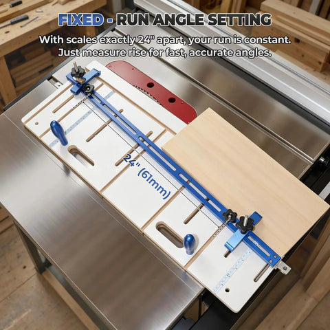 Top Tier Taper And Straight Line Jig For Table Saws With 37 Inch Miter Bar Steel Fence And Beefy Hold Down Clamps For Dead Straight Chair Leg Cuts Quick Ripping And Clean Edge Jointing Right On Your Workbench - blue and metal angle adjustment setup on table saw.