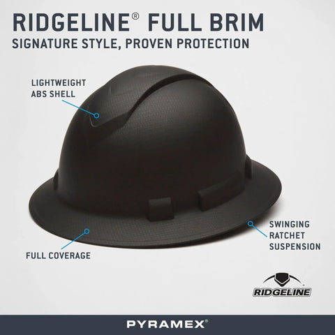 Ridgeline Full Brim Hard Hat With 4 Point Ratchet Suspension Matte Black Graphite Pattern shown with ABS shell