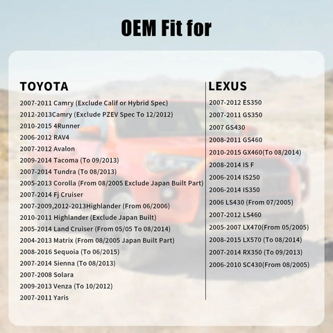 List of Toyota and Lexus models compatible with OEM replacement parts, includes Camry, Corolla, RAV4, Avalon, Tundra, 4Runner, 2004-2015.
