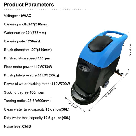 Commercial Floor Scrubber With 20 Inch Cleaning Path Dual Tank System 50L Fresh Water 40L Waste Water Boss Level Auto