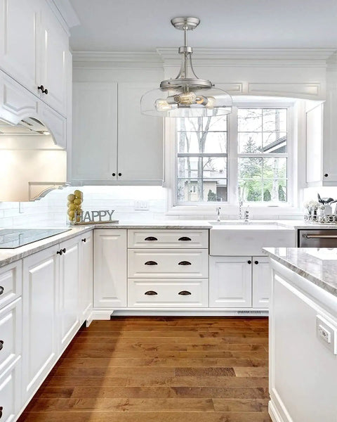 3 Light Farmhouse Pendant Light Semi Flush Mount With Brushed Nickel And Clear Glass Shade, Adjustable Hanging Heights in kitchen.