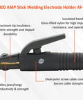 SUA 300 AMP stick welding electrode holder with insulated handle and copper-alloy jaws, labeled features