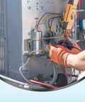 Technician installing 40 Plus 5 MFD AC Run Start Capacitor 370V 440V 50 60Hz CBB65B for air conditioner unit maintenance