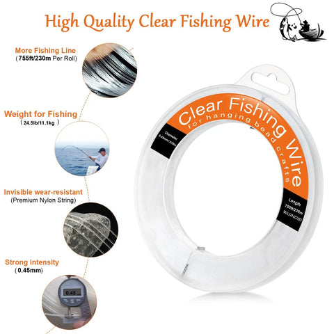 Ultra Clear Monofilament Fishing Line Wire 0.45 mm Nylon Invisible String For Fishing Balloons Garlands Crafts And Decorations 230 M 755 Ft Strong Smooth Transparent And Nearly Invisible spool with features.
