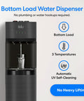 Self Cleaning Bottom Loading Water Cooler Dispenser in Black Stainless Steel with Three Temperature Settings shown dispensing water