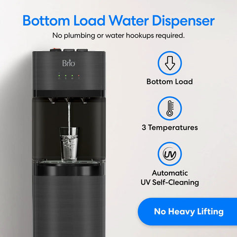 Self Cleaning Bottom Loading Water Cooler Dispenser in Black Stainless Steel with Three Temperature Settings shown dispensing water